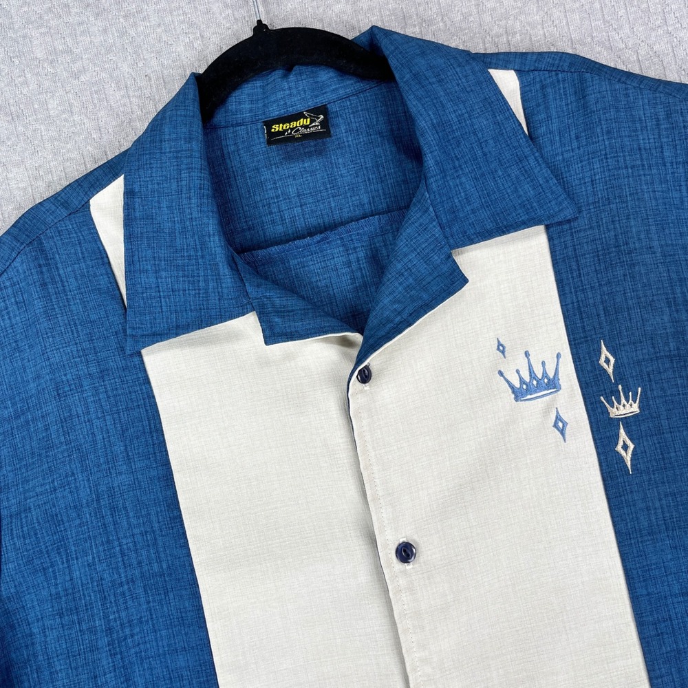 Steady Classics Rockabilly Bowling Shirt Men XL Blue Embroidered Retro Button Up